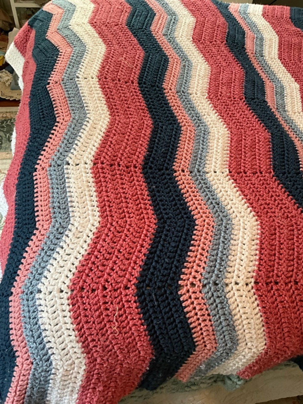 Handmade Afghan Crochet navy, mauve, white, pink blue zig zag stitch 41x46 - Picture 2 of 6